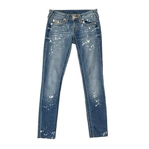 True Religion Bleach Splatter Jeans Women 25 Skinny Denim Low Rise Denim Stretch